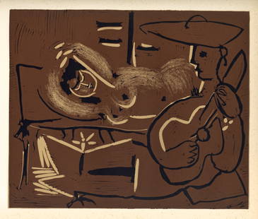 Pablo Picasso linocut "Reclining Woman and Guitar-Playing Picador": Medium: linocut re-creation (after the original Picasso linocut). Picasso started making linoleum cuts during the late 1950's and the originals were issued by Galerie Louise Leiris in signed editions