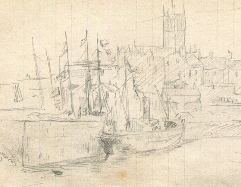 Vintage Pencil Drawing Port and Village, Cityview, Boats Original: Title: Vintage Pencil Drawing Port and Village, Cityview, Boats Original Description: Pencil on paper (double-sided) 9.5 x 15 cm folds, stains Reserve: $30.00 Shipping: Domestic: F