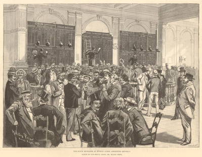 The stock exchange at Buenos Aires, Argentine Republic. Finance 1893 old print: TITLE OF THE PRINT: 'The stock exchange at Buenos Ayres, Argentine Republic. Sketch by our special artist, Mr. Melton Prior' DATE PRINTED: 7 October 1893 IMAGE SIZE: Approx Overall page size: 39 x 26c
