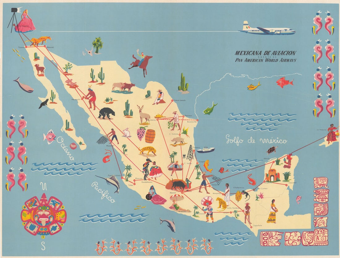 Mexicana de Aviacion. Pictorial airline network route map 17"x23". Mexico c1950 (1 of 1)