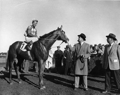 Slim Aarons 'Belmont Winter' 1953 Oversize Unframed Silver Gelatine Fibre Print: Description Slim Aarons 'Belmont Winter' 1953 Oversize Unframed Silver Gelatine Fibre Print Racehorse owner A G Vanderbilt with his racehorse Native Dancer after winning the Fall Highweight