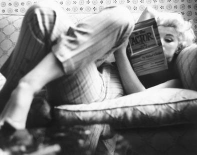 Marilyn Candid Moment' Marilyn Monroe 1955 Silver Gelatin Print Framed In Black: Description 'Marilyn Candid Moment' Marilyn Monroe 1955 Silver Gelatin Print Framed In Black Actress Marilyn Monroe reads the book ‘To the Actor: On the Technique of Acting’ by Michael
