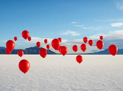 Group Of Red Balloons On Salt Flats By Andy Ryan: Description "Group of Red Balloons on Salt Flats" by Andy Ryan Gorgeous shot of vibrant balloons floating on a salt plain. Unframed C Type Print Print size 20 x 30 inches Reserve: $462.00 