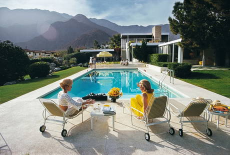 Poolside Pairs ' By Slim Aarons Oversized C Type: Description ' Poolside Pairs ' by Slim Aarons Former fashion model Helen Dzo Dzo Kaptur (in white lace) and Nelda Linsk (in yellow), wife of art dealer Joseph Linsk, at the Kaufmann Desert House in