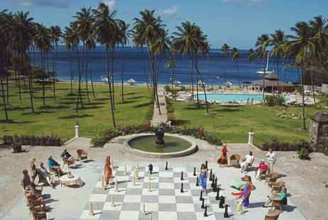 Megachess ' By Slim Aarons Oversized C Type: Description ' Megachess ' by Slim Aarons A giant game of chess in Saint Lucia, in the Lesser Antilles, February 1993. (Photo by Slim Aarons/Getty Images) Paper size 40 x 60 inches / 101 x 152 cm 