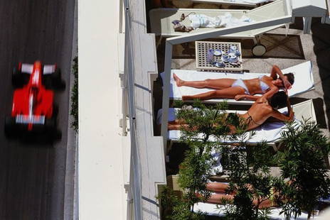 A General View The Action' Clive Mason 2002 Oversize C Type Print Framed In White: Description 'A General View The Action' Clive Mason 2002 Oversize C Type Print Framed In White Ladies sunbathe as Michael Schumacher of Germany and Ferrari drives past during the Monaco Formula One