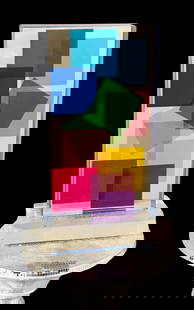 Lucite Acrylic sculpture Multi Color by Grace Absi: A sculpture of a Lucite block handcrafted in the interiors with a geometric motif, laminated together on a clear, thick base, and hand-signed by the artist Grace Absi. It is in fine condition and