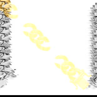 14K- Two-Tone Diamond Curb 8.5 inch Bracelet: 14K Two-Tone Polished and Satin Diamond Curb 8.5 inch Bracelet Rhodium Plated 8.5 Inches Width 10.3 MM Reserve: $10,500.00 Shipping: Domestic: Shipping rates are determined by destination Internationa