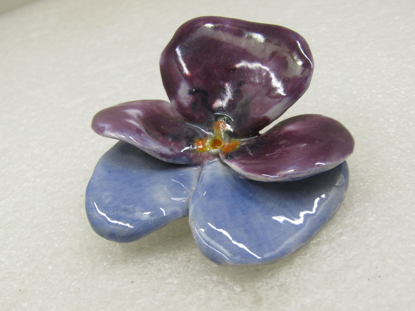 Vintage Hand Made Purple & Blue Pansy Ceramic Brooch, 2.5" (1 of 5)
