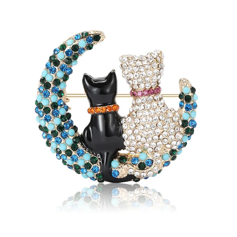 Vintage Rhinestone Moon Cat Brooch zircon stone (1 of 2)