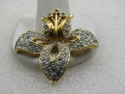 Vintage Swarovski Crystal Floral Brooch, 1.75": Vintage Swarovski Crystal Floral Brooch, 1.75", Gold Tone with three petals with pave crystals set in gold tone metal and a blossom on top with crystals in the petals and the anther. Signed with the S