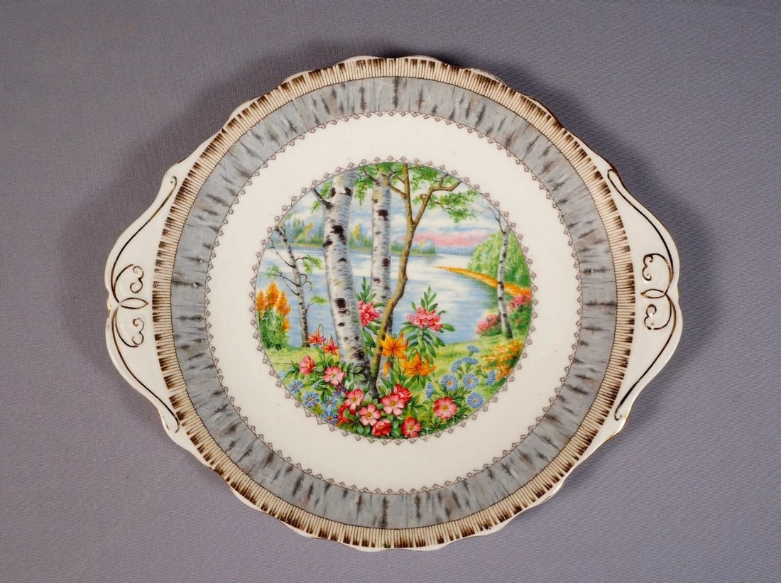 Royal Albert Silver Birch Bone China Handled Round Cake Snack Dessert Tray Dish: This is one very beautiful Handled Round Cake Snack Dessert Dish/TRAY/Platter from the famous Silver Birch Collection. The dish is made by Royal Albert in England. It is properly marked with Royal Alb
