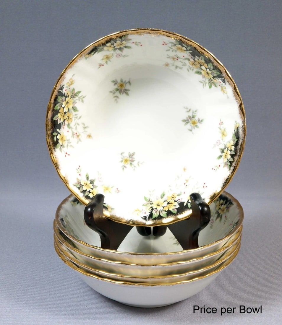 Royal Albert ROYAL ASCOT Cereal Soup Bowl Very RARE England Black Gold: THE PRICE IS FOR ONE PLATE ONLY!!! This is a gorgeous Bone China Cereal/Soup Bowl from the rare and hard to find Royal Ascot pattern by Royal Albert. This pattern is discontinued. The Bowl is 6 1/8" a