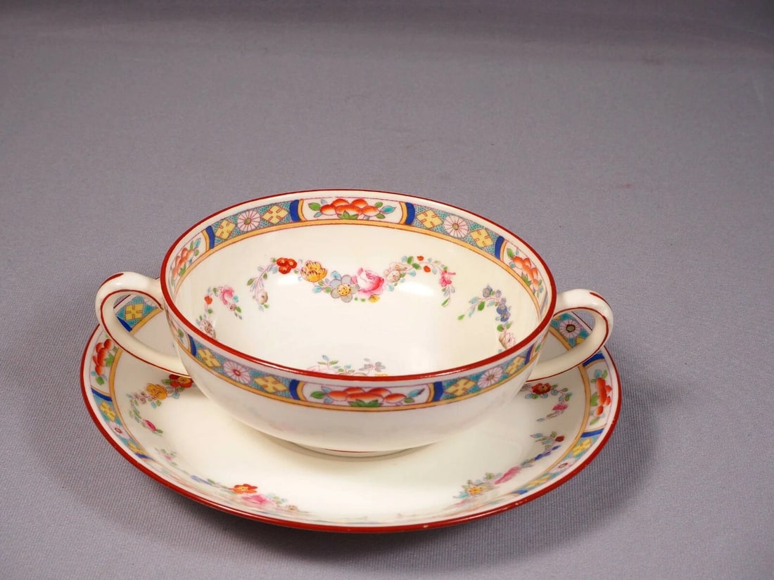 MINTON ROSE ANTIQUE Older Cream Soup Bouillon Cup Bowl Saucer LARGE Ryrie A4807: This is a rare and gorgeous set of one Cream Soup/Bouillon Bowl with Serving Plate/Saucer, from the older version of famous Minton rose pattern. It was made by Minton in England for Ryrie Bros Limited