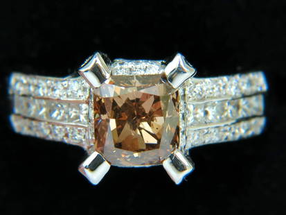 GIA 2.76CT NATURAL FANCY ORANGE BROWN DIAMOND RING G/VS 14KT+: ONLY MAGNIFICENT JEWELS GIA Certified: 1.76ct. Natural "Fancy - Orange Brown" Diamond Cushion cut Brilliant transparency and sparkle. Side diamonds: 1.00ct. G-color, Vs-2 clarity. 14kt. white gold. 7.