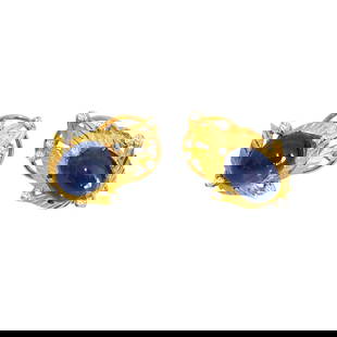 (GIA) 18K, Natural Blue Sapphire & Diamond Earrings: Metal: 18K yellow gold. 14.50 carat natural earth mined blue sapphire. Cabochon cut, vivid saturation and very good quality. 0.23 carat diamonds. Round brilliant cut, VS clarity and F color. Total