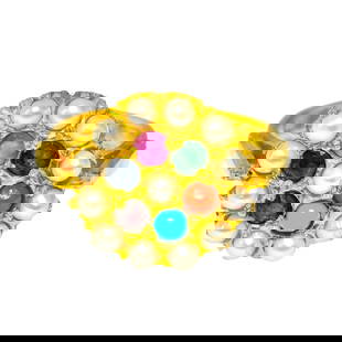 Royal Empire Style 22k Yellow Gold Multi Gemstone Ring: Metal: 22k yellow gold. Gemstones: Pearl, emerald, ruby, blue sapphire, coral, pink sapphire and turquoise. Total weight: 5.02 grams. Ring size: US 7 (free ring resizing available) Beautiful Middle