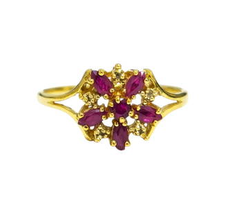 Late 20th Century 0.71ct Ruby & Diamond Ring For Her: Metal: 10k yellow gold. Gemstone: Ruby, carat weight: 0.71ct. Diamonds: 0.08ct total. SI2 clarity, G color. Total weight: 2.8g. Ring size: US 9.25. Beautiful collecitble ruby and diamond ring for