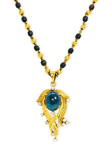 Certified 6.80 Ct Blue Sapphire Diamond Indian Necklace: Metal: 18k Yellow Gold pendant. 22k yellow gold necklace. 6.80 carat natural blue sapphire. Cabochon cut sapphire. 100% natural earth mined. 0.25 carat round brilliant cut diamonds. VS clarity and