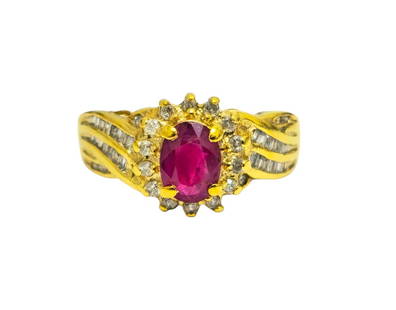 Vintage 2.2CWT Ruby and Diamond Ring For Her: Metal: 10k gold. Center stone: 1ct ruby, oval shape. Side Diamonds: 1.2cwt, SI1-SI2 clarity, G color. Total 2.2cwt. Total weight: 3.2 grams. Ring size: US 6.50. Beautiful collecitble womens ruby and