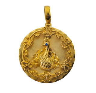Vintage Peacock Motif Pendant with Blue Sapphire in 14k Gold: Metal: 14k yellow gold. Single blue sapphire stone. 100% natural earth mined. Total weight of the pendant: 9.50 grams. 1.71 x 1.24 inches. Gorgeous vintage peacock motif pendant for her. Reserve: