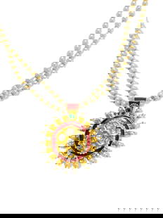 22k Gold Natural Basra Pearl Diamond Emerald Necklace.: Metal: 22K yellow gold. 100% natural basra pearl. 1.25 carat diamond. Rose cut. F-G color, VS clarity. Diamonds set in flush setting. Colombian emerald (pear shape). Gorgeous Indian multi gemstone