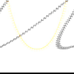 18 Carat VVS Diamond Tennis Necklace 14k Gold: Metal: 14k yellow gold. Diamond carat weight total: 18 carats. Clarity: VVS. Round brilliant cut diamonds. 3.2mm diamonds. 128 diamonds total. Prong setting 18 inches length. Beautiful unisex diamond