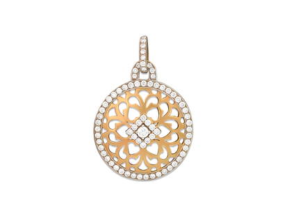 Two Tone Italian 18k Yellow Gold & Diamond Pendant: Two tone, Solid yellow & white 18k gold diamond pendant. 4.75 grams, with high quality diamonds G color and VS-SI diamonds. Nice luster in the diamonds. All diamonds are round brilliant cut. All