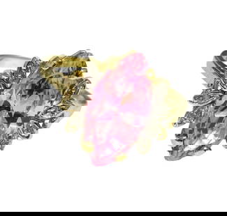 Art Deco Pink Topaz and Diamond Ring in 10k Gold: Metal: 10k yellow gold. Center stone: 100% natural pink topaz, 2.60ct marquise shaped pink topaz. Side diamonds: 0.10ct total. 100% natural earth mined, round cut diamonds. SI clarity, G color. Total