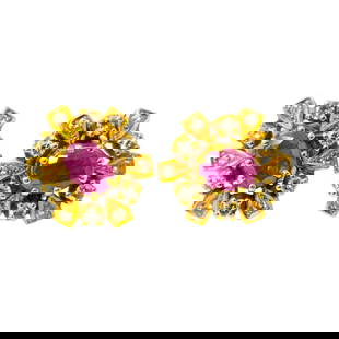 Womens Cocktail Ruby & Diamond Earrings in 18k Gold: Metal: 18k yellow gold. Center stone: 1.20 carat ruby. Oval shape. 100% natural earth mined. Diamodns: 1.03 carat total. Round single cut. SI1 Clarity, G color. 100% natural earth mined diamonds.
