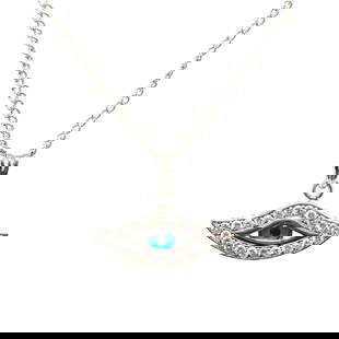 Classic Evil Eye & Diamond Necklace in 18K Gold.: Chain: 14k white gold (tested). Pendant: 18K white gold (tested). 1.00 carat diamonds. VVS clarity and F color. Round brilliant cut diamonds set in prongs. All diamonds are 100% natural earth mined