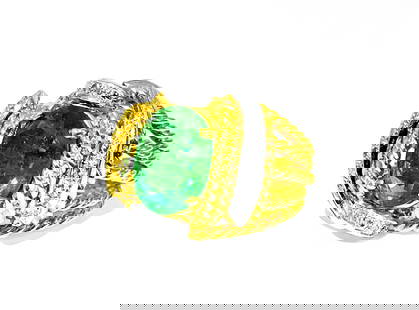 Natural 3.86 Carat Emerald Diamond Ring 18K Gold: 18K Yellow and White Gold (Two Tone) 3.50 Carat Emerald, oval cut set in prongs. Natural earth mined Emerald. 0.36 Carat diamonds. Natural earth mined diamonds. VS clarity and F-G color, Round