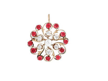 Antique European 3.70 Ct Diamond and Ruby Pin. (GIA): Metal: 14k yellow gold. Diamonds: 1.70cwt. G color and SI clarity. Old European cut diamonds. 100% naturale earth mined diamonds. Ruby: 2.00cwt round cut ruby. 100% natural earth mined Burma ruby.