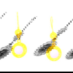 Mid Century 2.24 Carat Amethyt Dangle Earrings in 18k yellow gold: Metal: 18k yellow gold. Gemstone: Amethyst. 2.24 carat total. Cabochon cut. 100% natural earth mined. Deep saturation and color. Total weight: 4.40 grams. 1.33 inches long. Womens mid century