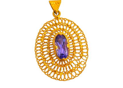 Rare Middle Eastern 3 Carat Tanzanite Pendant in 20k Gold: Metal: 21k yellow gold. Gemstone: 3 carat tanzanite. 100% natural earth mined. Total weight: 4.30 grams. Measurments: 1.6 x 1.2 inches. Vintage middle eastern style gemstone pendant in 21k gold 