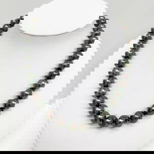 11-13mm Tahitian Dark Green Round/Near-Round Pearl Necklace with 14k Clasp: Title: 11-13mm Tahitian Dark Green Round/Near-Round Pearl Necklace with 14k Clasp Description: AAA Luster, Tahitian Dark Green Round/Near-Round Pearl Necklace, 35 pearl pieces, 18 inches hand-knotted