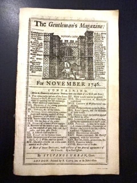 1746 Gentlemans Magazine Trials Rebels York: The November 1746 issue of The Gentleman's Magazine printed at London for Sylvanus Urban, 56 pages and one engraving as called for. Great rebellion content including the trials of the rebels at York a
