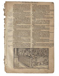 1577 English Leaf Woodcut Scotland: A leaf from Raphael Holinshead "The Historie of Scotlande", printed at London 1577. Nice woodcut showing assembly of Lords to elect a new King and on verso woodcut portraits of King Robert. Very Good,