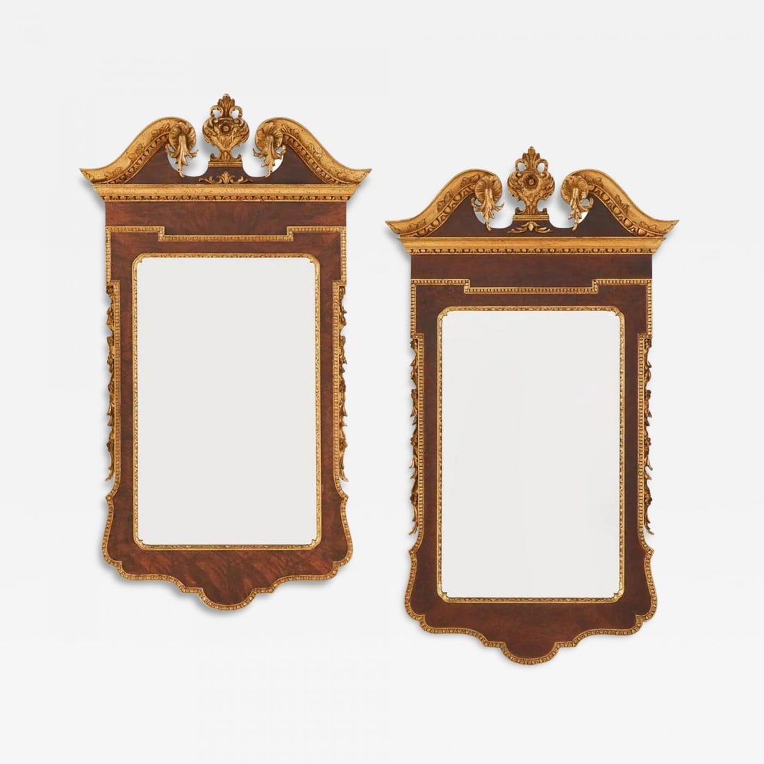 Pair of George II Style Pier / Console Mirrors, Burr Walnut and Parcel Gilt: Description: Pair of George II Style Pier / Console Mirrors, Burr Walnut and Parcel Gilt Veneered with burr walnut and trimmed with giltwood and set with a swan's-neck pediment with a central cartouch