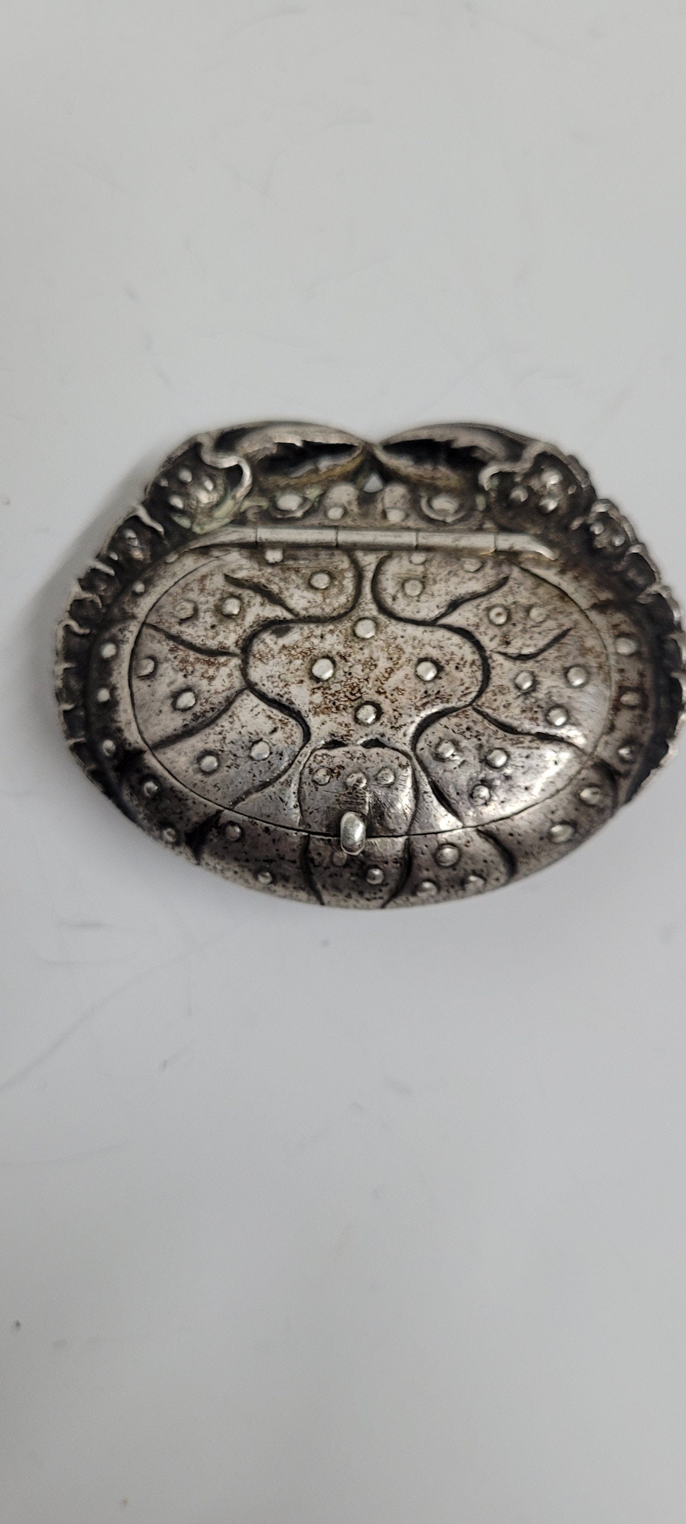 Antique German 800 Marked Silver Crab Snuff Tobacco Pill Box: Antique German 800 Marked Silver Crab Snuff Tobacco Pill Box Measures 2.25" x 2" x 1.5"H In good condition with heavy tarnish. Marked with a crescent moon and crown followed by 800. Thank You INTERNAL