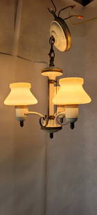 Vintage Art Deco Ceiling Light Chandelier 3 Milk Glass Custard Cup Globes: Vintage Quality Made 3 Light Chandelier from 1920's or 30's. This Art Decor Hanging light measures 12" W x 14"H holds 3 custard Cup 2"fitter globes, The chandelier has some scratches and wear but no b