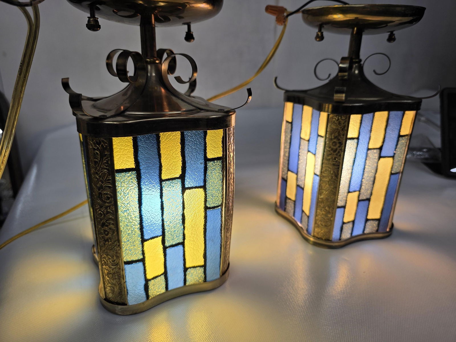 Vintage Pair Stained Glass Ceiling Light Flush Mount Virden Blue Green Yellow Mid Century (1 of 8)