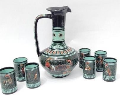 Vintage Bar ware Art Pottery Greek Element Water Glass Set Black Teal Barware: Vintage Greek Pitcher and Glass Set Black, Teal and Rust Barware Art Pottery In good condition with very minor wear, no chips or cracks 7 cups and 1 Pitcher Pitcher measures 12" x 8 cups 3.5 x 2.5" Th