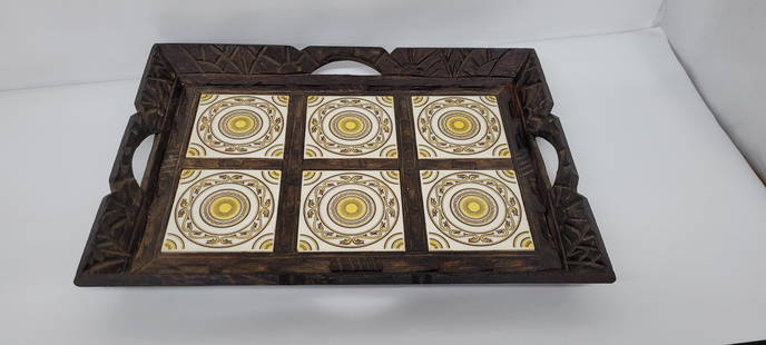 Vintage 6 Piece Tile Hand Carved Wood Talavera Tray yellow brown Mexican Folk Art: Vintage 6 Piece Tile Hand Carved Wood Talavera Tile Tray yellow brown Mid Century Modern In good condition with minor wear and scratches. See pics of a stain color orange in the corner. Measures 19"L