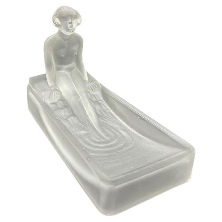 Art Deco H. Hoffman Frosted Opaque Glass Soap Dish by Sarsaparilla NYC: About the Item This 1980s re-edition of a 1927 Art Deco Heinrich Hoffman frosted opaque glass soap dish/ring tray features a nude female figure bathing in a tub. This re-edition is signed and made by