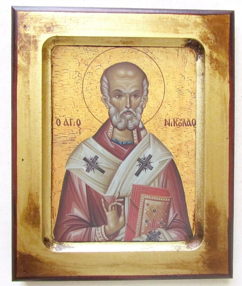 GREEK BYZANTINE STYLE ORTHODOX ICON on WOOD of ST. NICHOLAS (1 of 4)