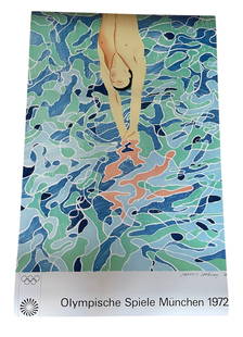 David Hockney 'The Diver' Olympic Poster: Description: David Hockney 'The Diver' Olympic Poster measuring at 25x39 inches Date: 1972 Material: Fine Art Paper Reserve: $100.00 Shipping: Domestic: Flat-rate of $25.00 to anywhere within the cont