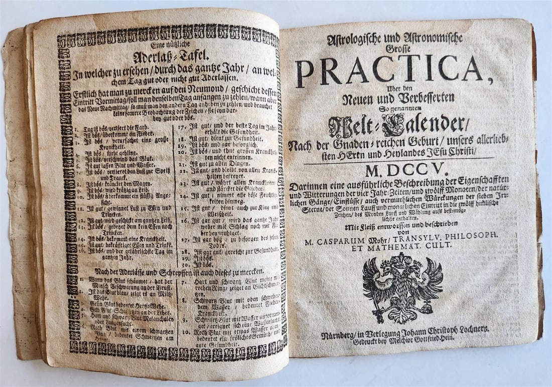 1705 ASTROLOGICAL & ASTRONOMICAL PRACTICE by M.MOHR in GERMAN antique CALENDAR: NEUER und VERBESSERTER WELT-CALENDER (New and improved world calendar) Bound with: Astrologische und astronomische grosse PRACTICA Astrological and Astronomical PRACTICE by M.Casparum Mohr (Transylvan