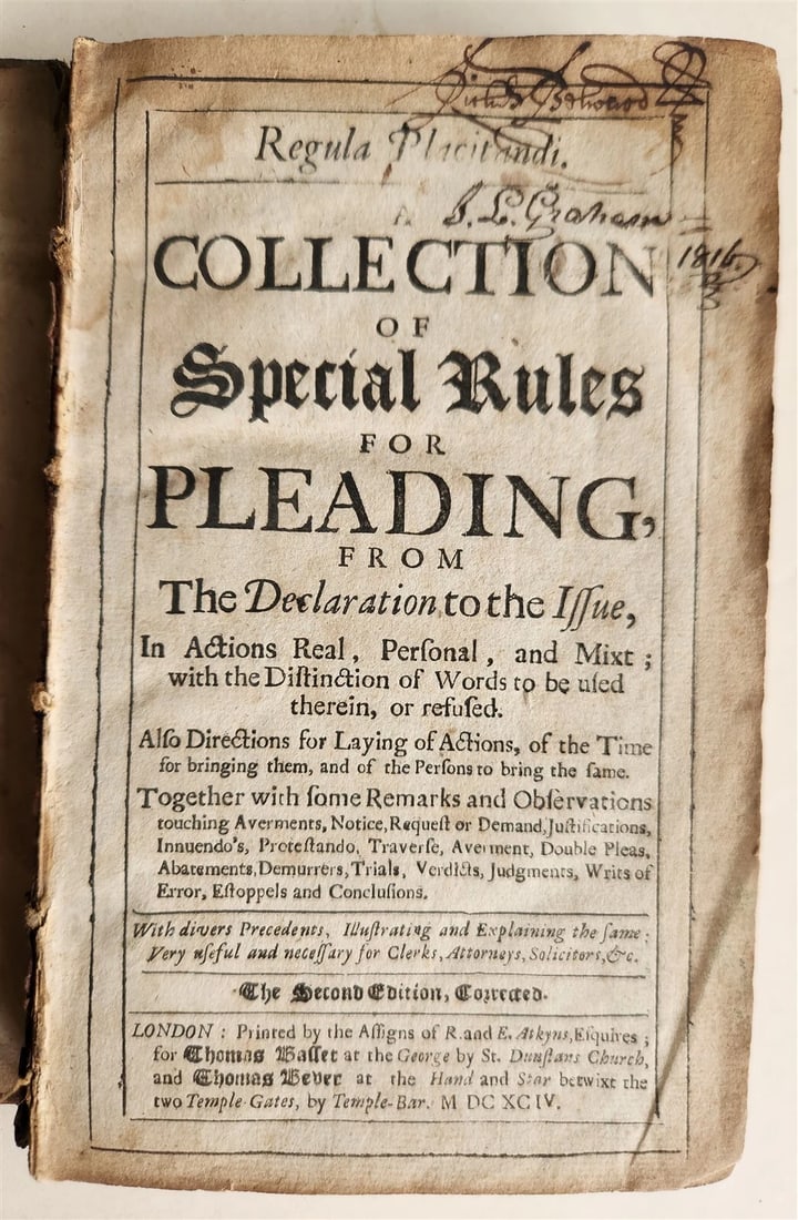 1694 LAW BOOK iN ENGLISH antique COLLECTION OF SPECIAL RULES FOR PLEADING (1 of 4)