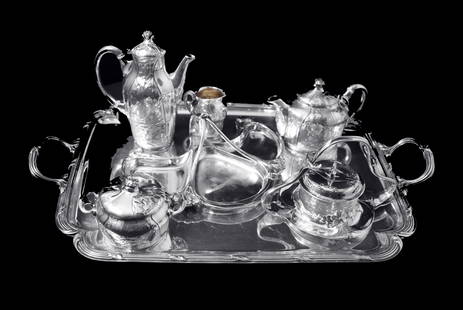 Orfevre Gallia - 7pc. Extremely Rare, Original French Art Nouveau Silver Plate Tea Set Including: Title: Odiot Henin - 5pc. Antique French 950 Sterling Silver Louis XVI Tea Set with Serving Tray - Museum Quality! Description:Direct from a Private Mansion in Paris, A Magnificent 5pc. Antique French